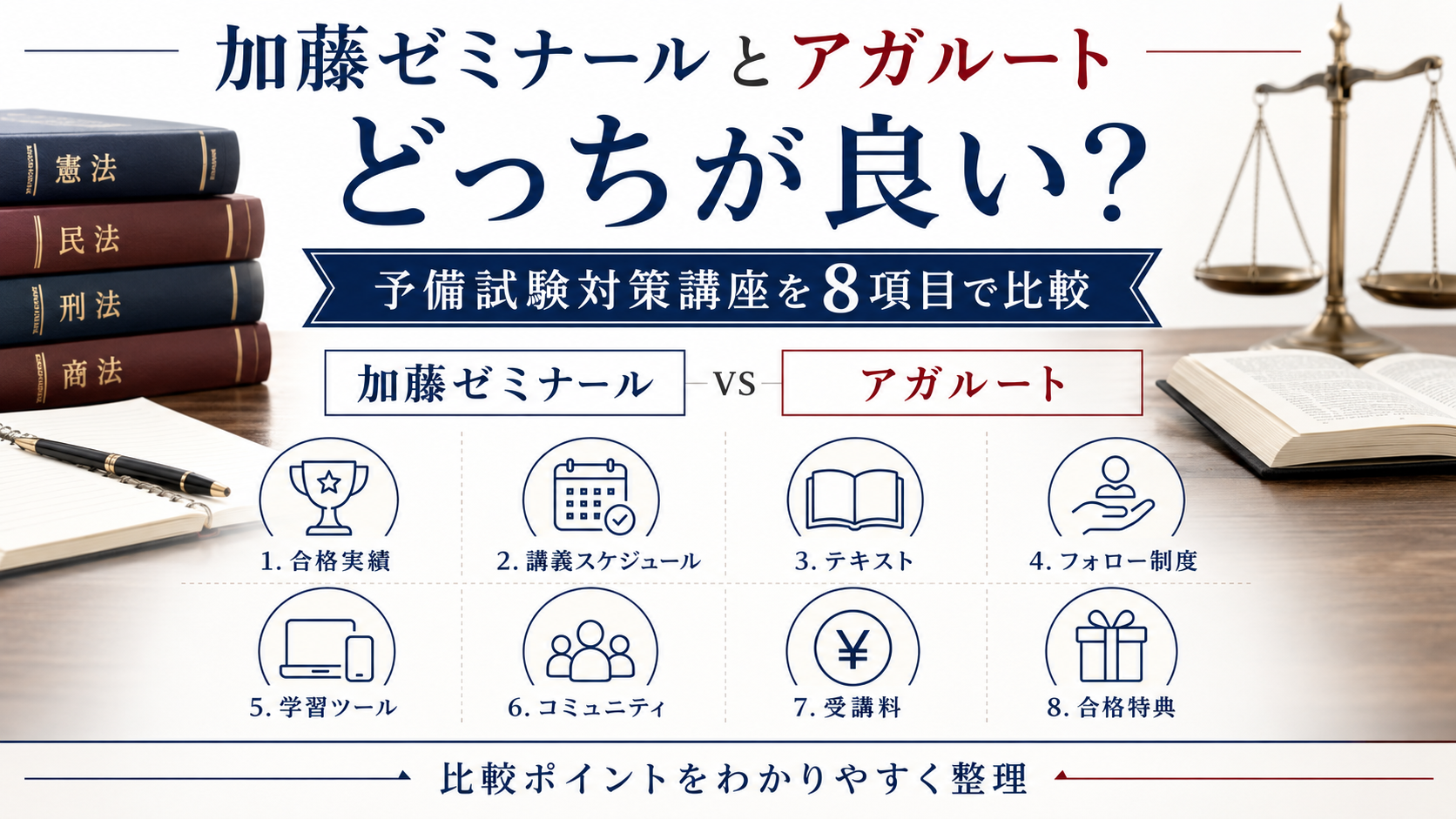加藤ゼミナールとアガルートの違いは？予備試験対策講座を8項目で比較 